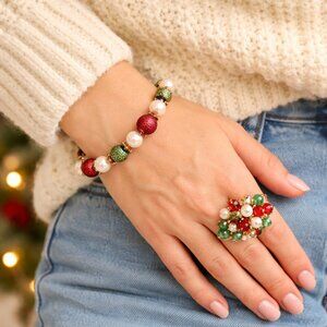 Festive Beaded Bracelet & Statement Ring Set | Holiday Colors | Size 10 Ring